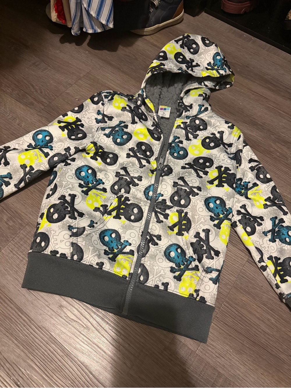 Kids Hooded Zip-Up Sweatshirt with Skull Print - Gray, Blue & Neon Yellow-5T